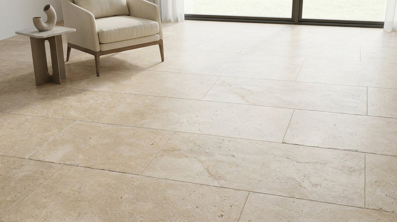 Ivory / Light Travertine 16x24 Cream Unfilled, Brushed & Chiseled Tile
