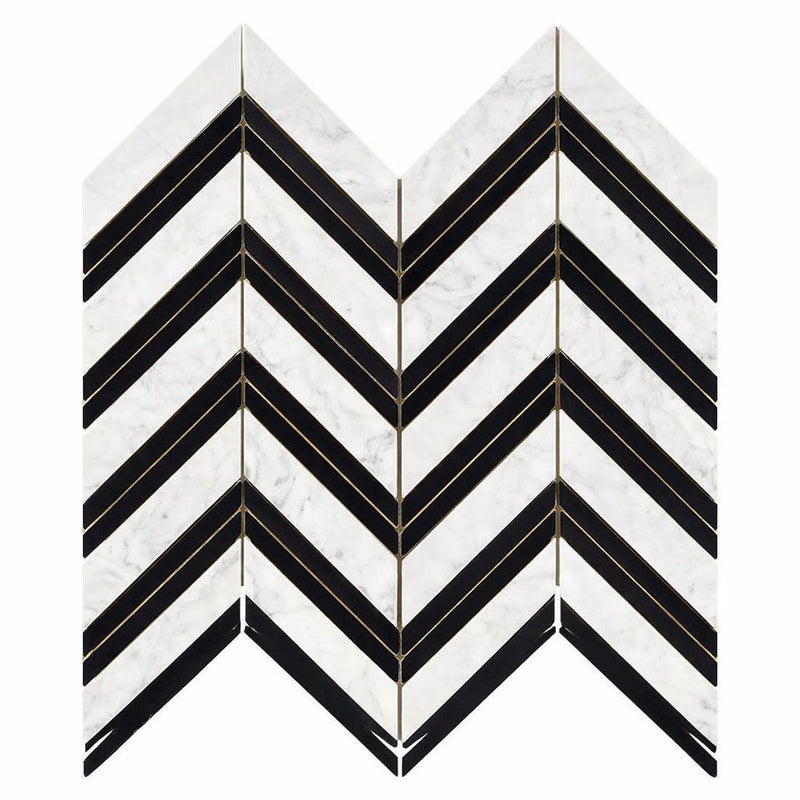 Carrara White (Italian) Marble Honed Chevron Mosaic Chevron (LARGE) (w/ Carrara / Black)