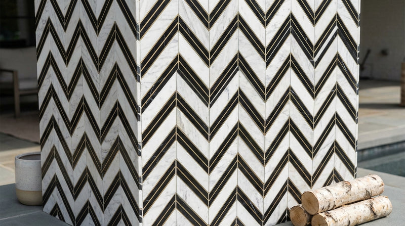 Carrara White (Italian) Marble Honed Chevron Mosaic Chevron (LARGE) (w/ Carrara / Black)