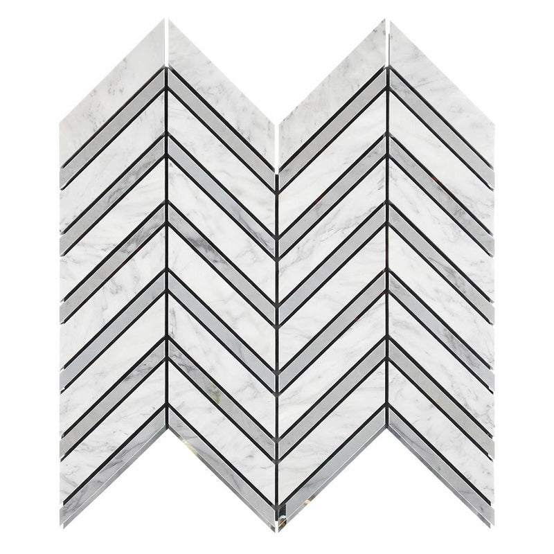 Carrara White (Italian) Marble Honed Chevron Mosaic Chevron (LARGE) (w/ Carrara / Blue-Gray)