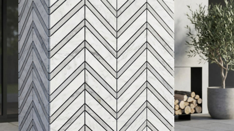 Carrara White (Italian) Marble Honed Chevron Mosaic Chevron (LARGE) (w/ Carrara / Blue-Gray)