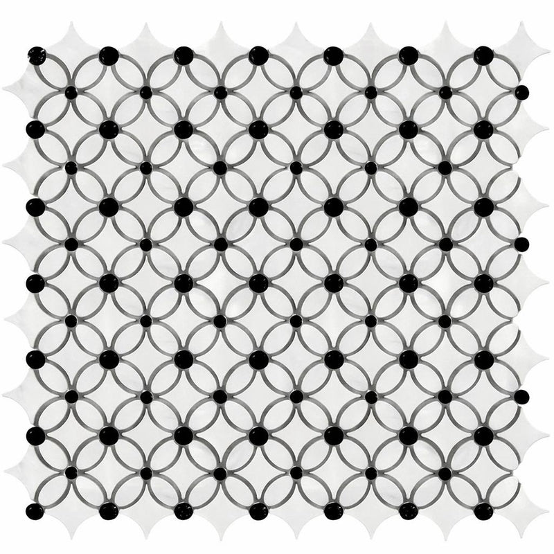 Carrara White (Italian) Marble Honed Florida Flower Mosaic (Thassos + White Carrara (Oval) + Black (Dots))