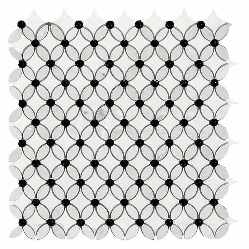 Carrara White (Italian) Marble Honed Florida Flower Mosaic (Thassos + White Carrara (Oval) + Blue-Gray (Dots))