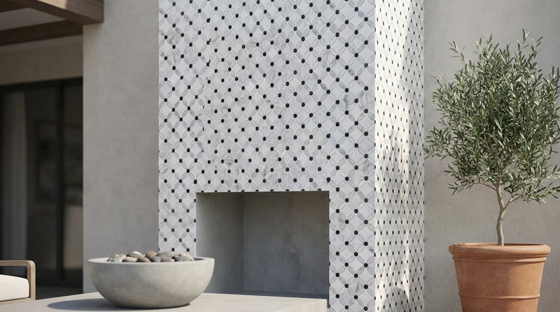Carrara White (Italian) Marble Honed Florida Flower Mosaic (Thassos + White Carrara (Oval) + Blue-Gray (Dots))