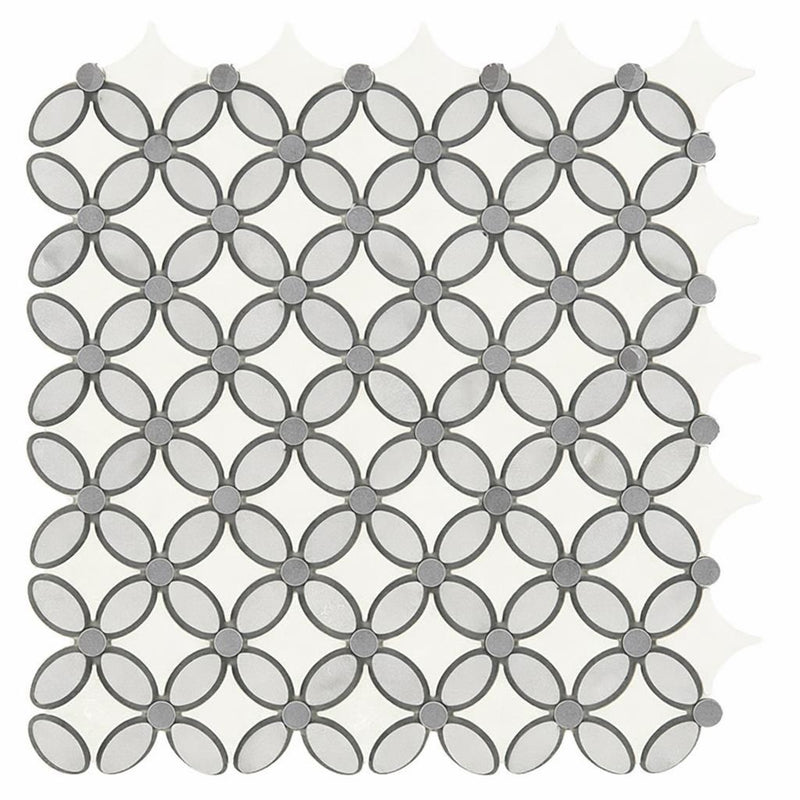 Carrara White (Italian) Marble Honed Florida Flower Mosaic (Thassos + White Carrara (Oval) + Ming Green (Dots))