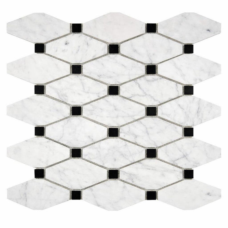 Carrara White (Italian) Marble Honed Octagon Mosaic (w/ Black)