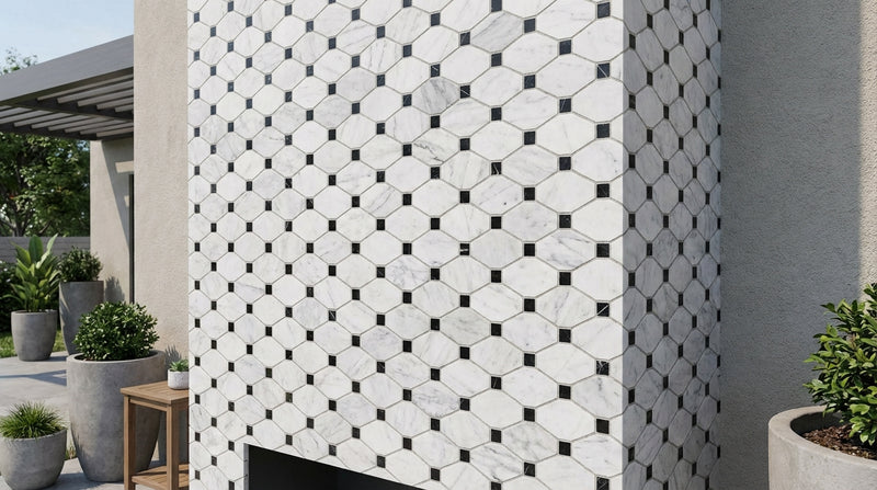 Carrara White (Italian) Marble Honed Octagon Mosaic (w/ Black)