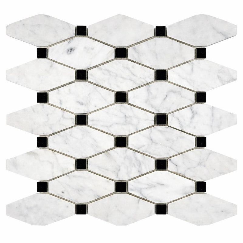 Carrara White (Italian) Marble Honed Octave Mosaic Octave (Long Octagon) Mosaic (w/ Black)