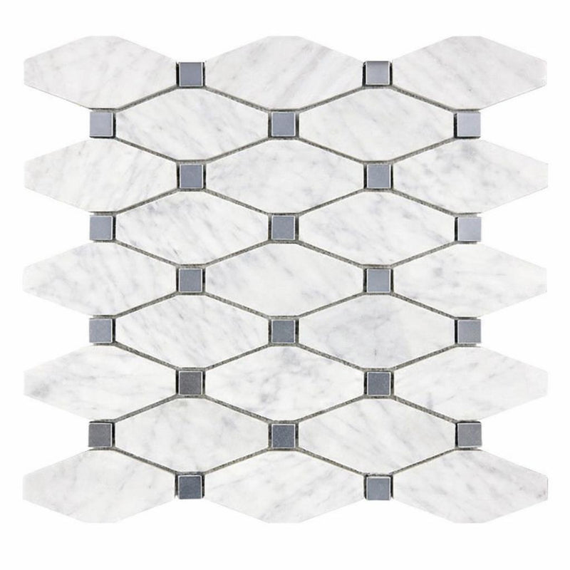 Carrara White (Italian) Marble Honed Octave Mosaic Octave (Long Octagon) Mosaic (w/ Blue-Gray)