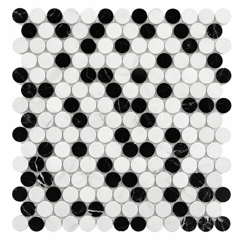 Carrara White (Italian) Marble Honed Penny-Round Mosaic (Carrara + Thassos + Black)