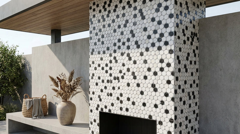 Carrara White (Italian) Marble Honed Penny-Round Mosaic (Carrara + Thassos + Black)