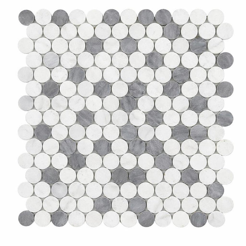 Carrara White (Italian) Marble Honed Penny-Round Mosaic (Carrara + Thassos + Blue)