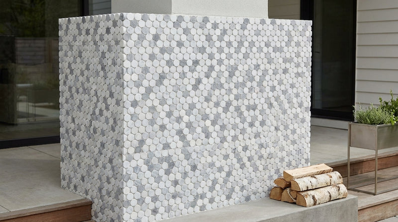 Carrara White (Italian) Marble Honed Penny-Round Mosaic (Carrara + Thassos + Blue)