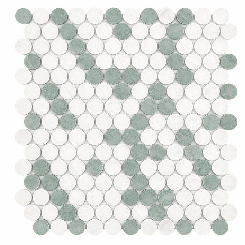 Carrara White (Italian) Marble Honed Penny-Round Mosaic (Carrara + Thassos + Ming Green)