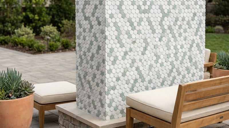 Carrara White (Italian) Marble Honed Penny-Round Mosaic (Carrara + Thassos + Ming Green)