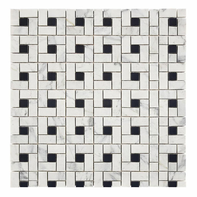 Carrara White (Italian) Marble Honed Pinwheel Mosaic (w/ Black)
