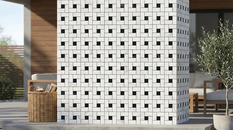 Carrara White (Italian) Marble Honed Pinwheel Mosaic (w/ Black)