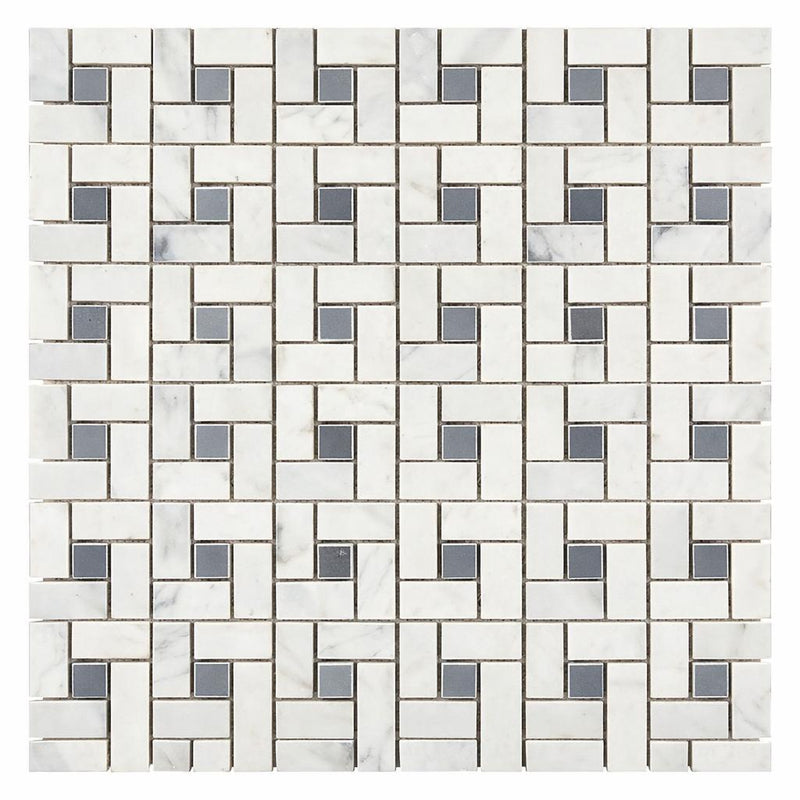 Carrara White (Italian) Marble Honed Pinwheel Mosaic (w/ Blue-Gray)