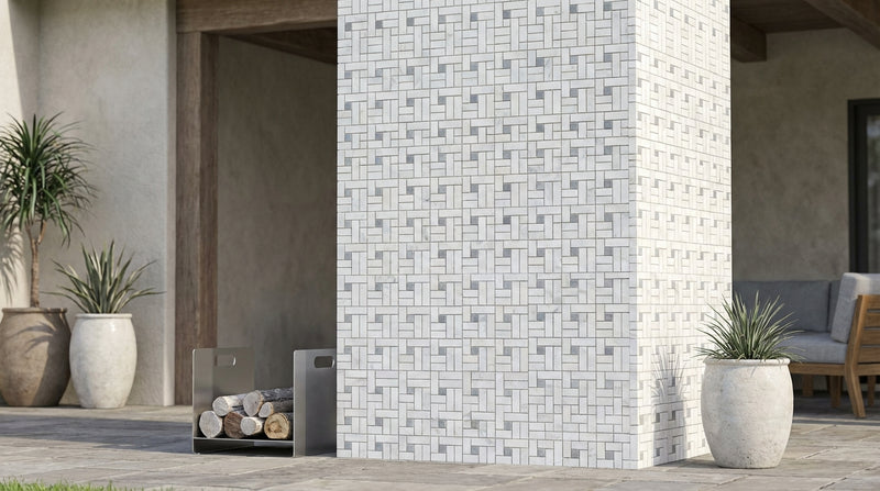 Carrara White (Italian) Marble Honed Pinwheel Mosaic (w/ Blue-Gray)