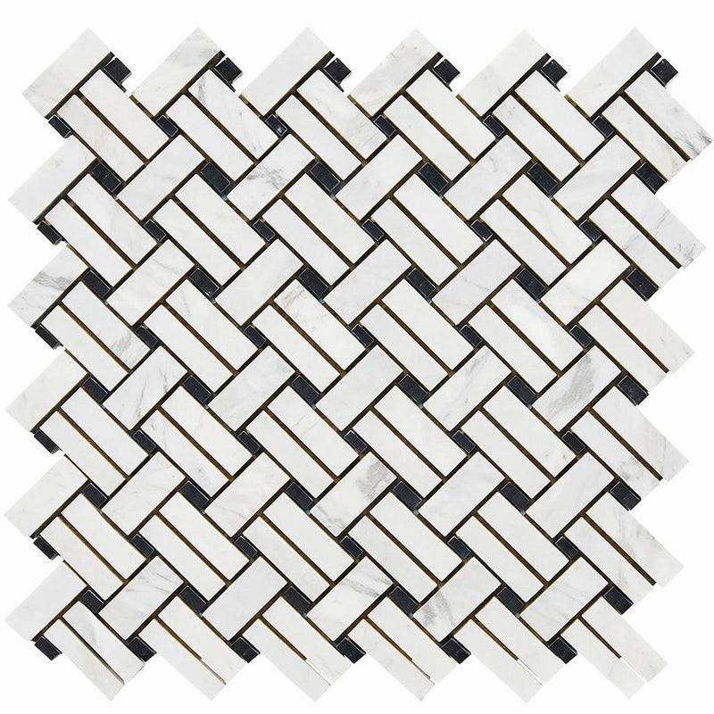 Carrara White (Italian) Marble Honed Stanza Mosaic (w/ Black)