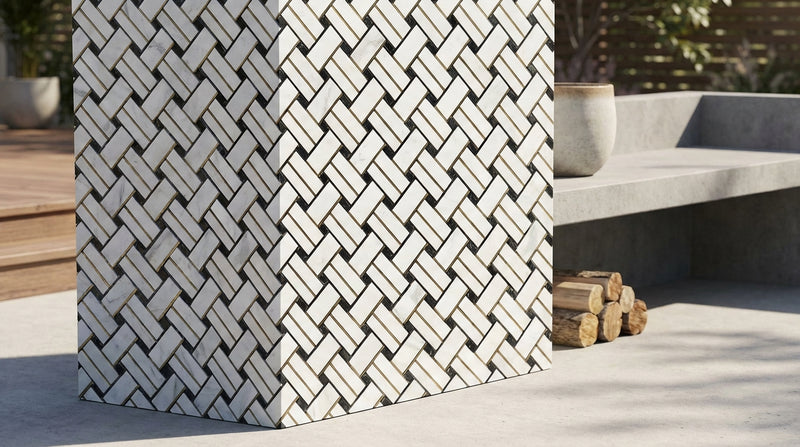 Carrara White (Italian) Marble Honed Stanza Mosaic (w/ Black)