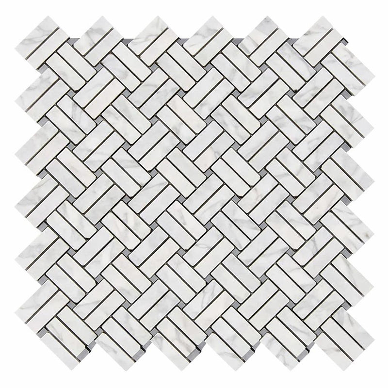 Carrara White (Italian) Marble Honed Stanza Mosaic (w/ Black / Blue-Gray)
