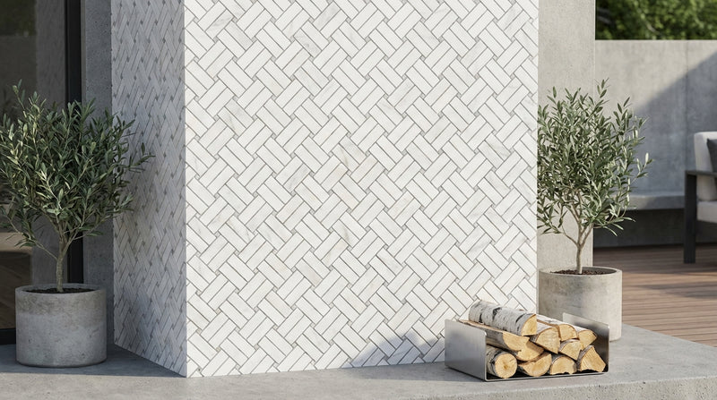 Carrara White (Italian) Marble Honed Stanza Mosaic (w/ Black / Blue-Gray)