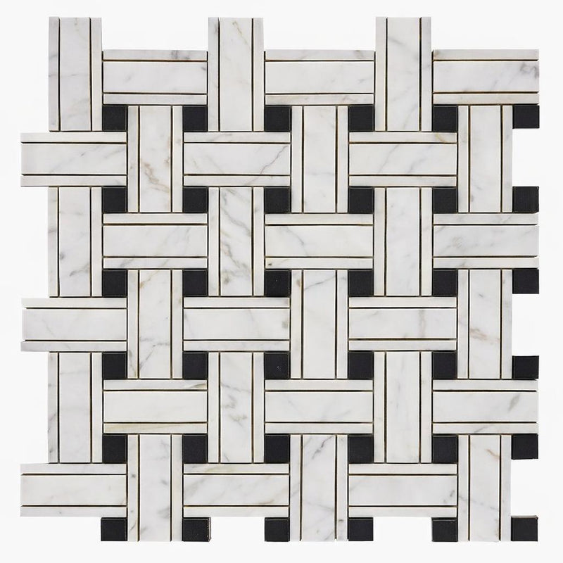 Carrara White (Italian) Marble Honed Mosaic Triple-Weave (w/ Black)