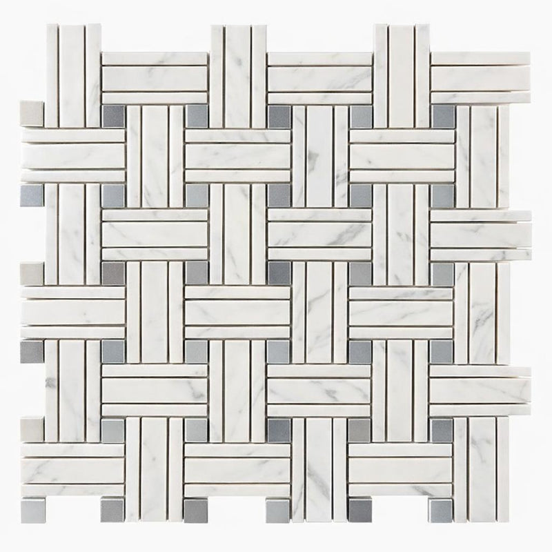 Carrara White (Italian) Marble Honed Mosaic Triple-Weave (w/ Blue-Gray)