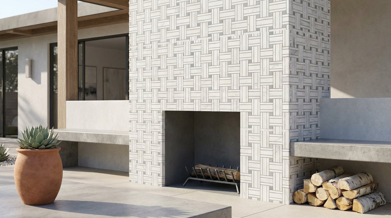 Carrara White (Italian) Marble Honed Mosaic Triple-Weave (w/ Blue-Gray)