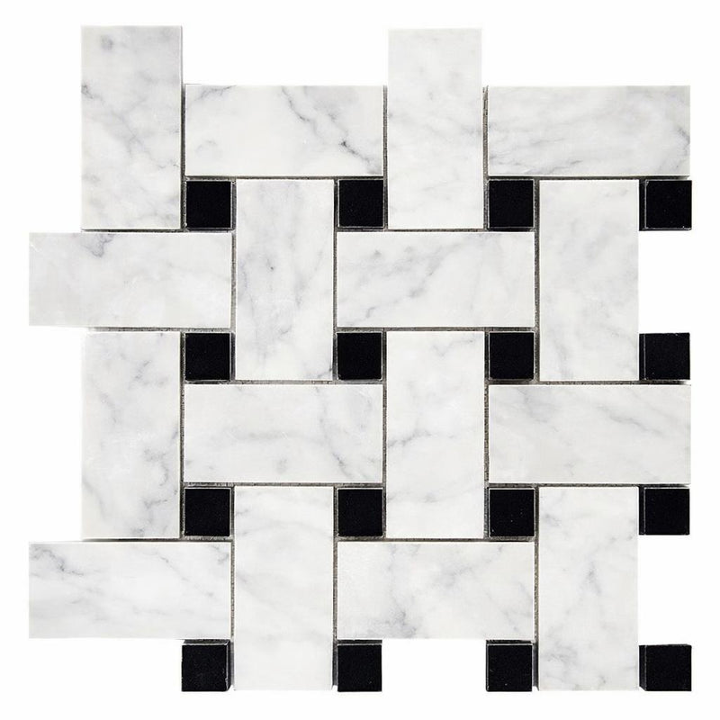 Carrara White (Italian) Marble Honed Basketweave Mosaic (w/ Black)