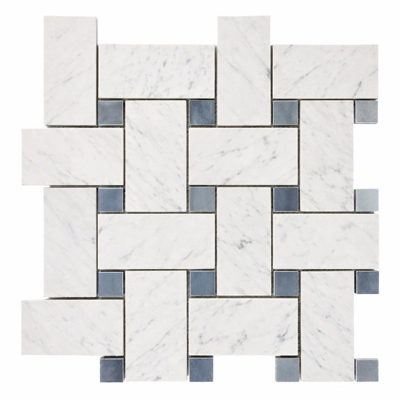 Carrara White (Italian) Marble Honed Basketweave Mosaic (w/ Blue-Gray)