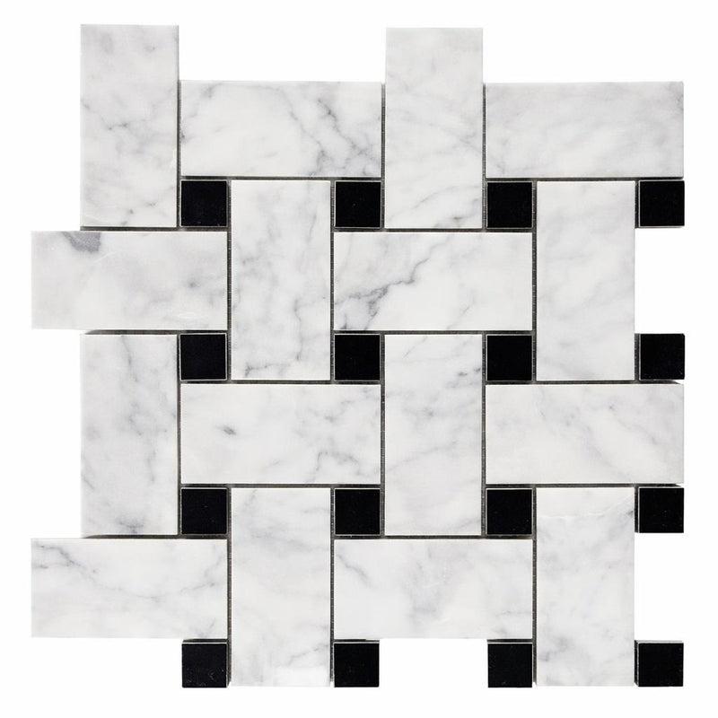 Carrara White (Italian) Marble Honed Basketweave Mosaic (w/ Black) - (LARGE)