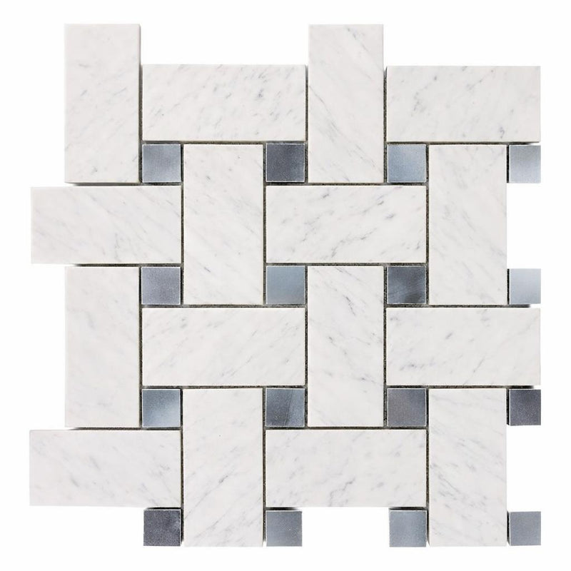 Carrara White (Italian) Marble Honed Basketweave Mosaic (w/ Blue-Gray) - (LARGE)