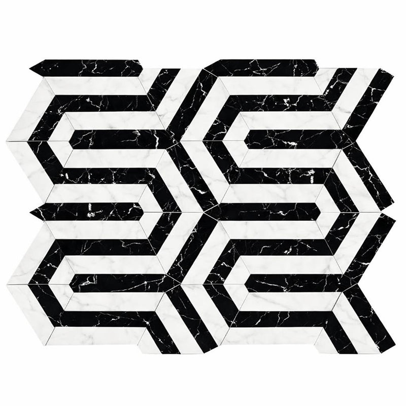 Carrara White (Italian) Marble Honed Mosaic Berlinetta Design (w/ Black)