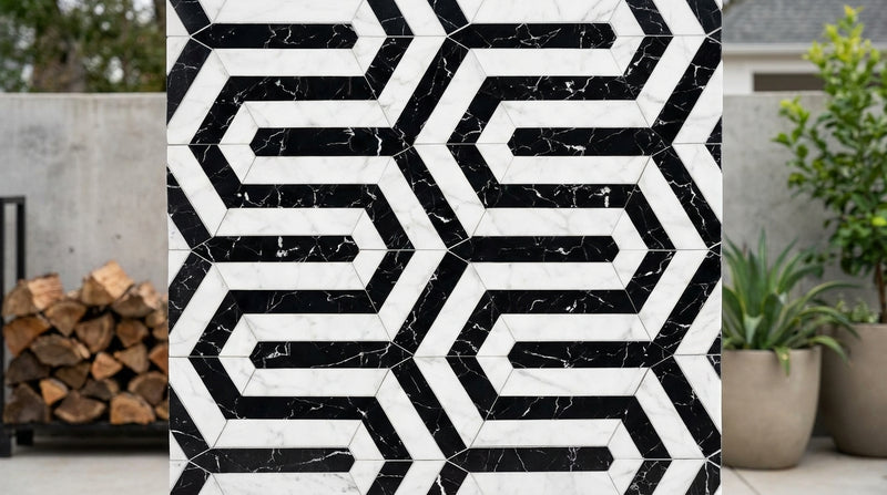 Carrara White (Italian) Marble Honed Mosaic Berlinetta Design (w/ Black)