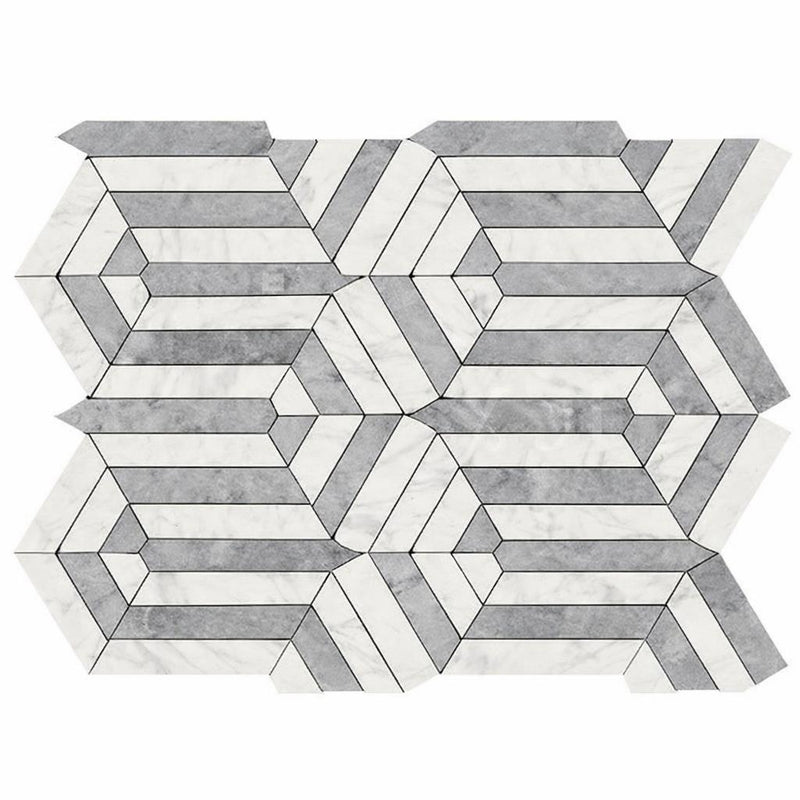 Carrara White (Italian) Marble Honed Mosaic Berlinetta Design (w/ Blue-Gray)