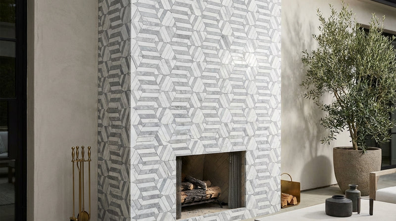 Carrara White (Italian) Marble Honed Mosaic Berlinetta Design (w/ Blue-Gray)