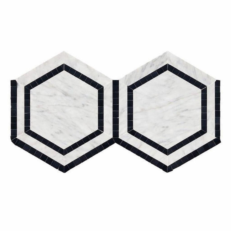 Carrara White (Italian) Marble 5x5 Honed Hexagon Mosaic Hexagon Combination Mosaic (w/ Black)