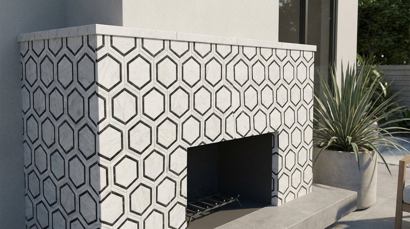 Carrara White (Italian) Marble 5x5 Honed Hexagon Mosaic Hexagon Combination Mosaic (w/ Black)