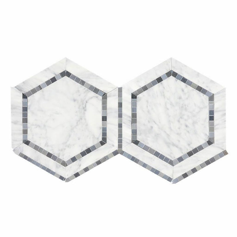 Carrara White (Italian) Marble 5x5 Honed Hexagon Mosaic Hexagon Combination Mosaic (w/ Blue-Gray)