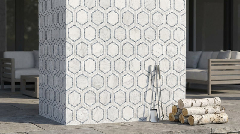 Carrara White (Italian) Marble 5x5 Honed Hexagon Mosaic Hexagon Combination Mosaic (w/ Blue-Gray)