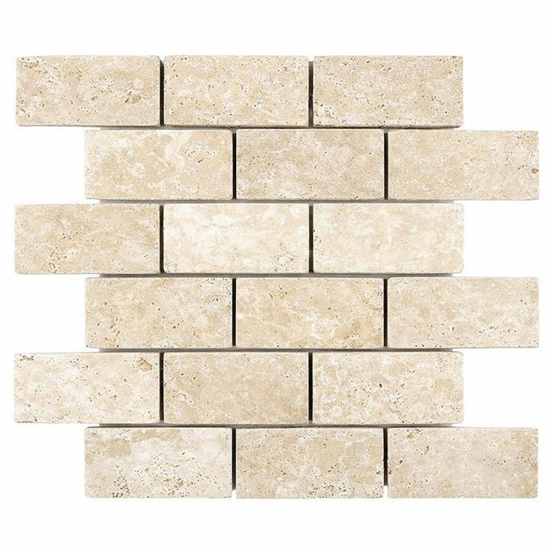 Ivory / Light Travertine 2x4 Cream Tumbled Brick Joint Mosaic Brick Mosaic