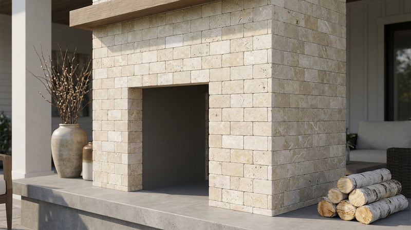 Ivory / Light Travertine 2x4 Cream Tumbled Brick Joint Mosaic Brick Mosaic