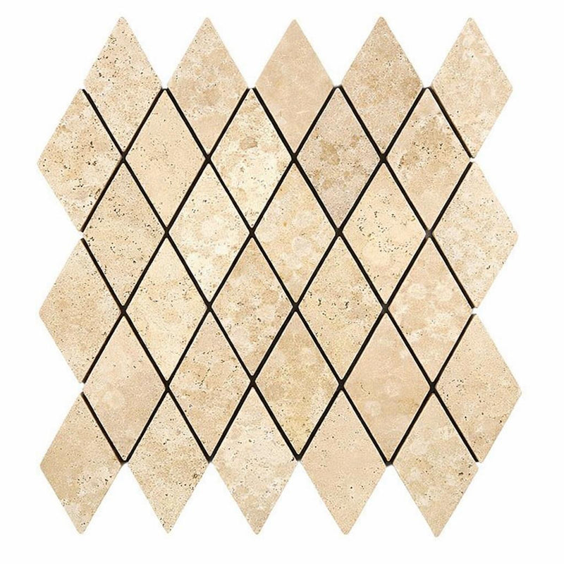 Ivory / Light Travertine 2x4 Cream Tumbled Diamond / Rhomboid Mosaic