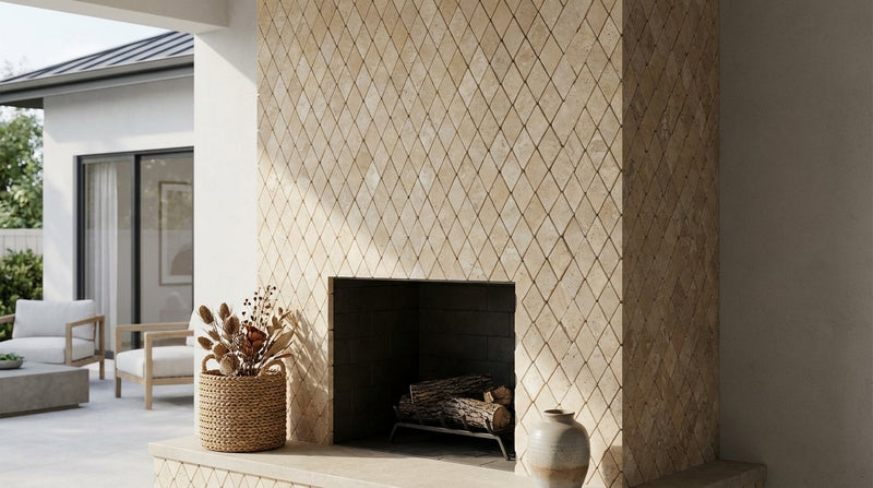 Ivory / Light Travertine 2x4 Cream Tumbled Diamond / Rhomboid Mosaic