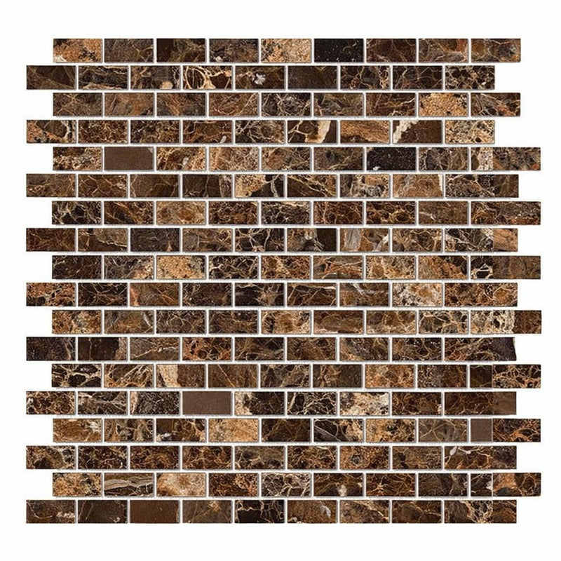 Emperador Dark (Spanish) Marble 5/8x1 1/4 Polished Brick Joint Mosaic Mini-Brick Mosaic