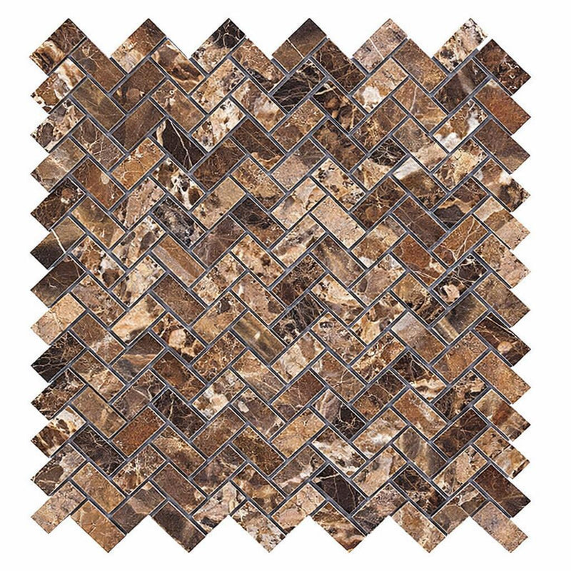 Emperador Dark (Spanish) Marble 5/8x1 1/4 Polished Herringbone Mosaic Mini-Herringbone Mosaic