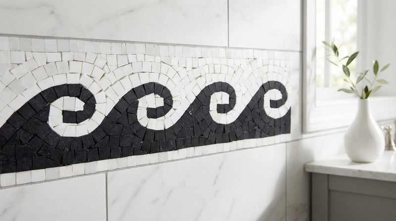 Oriental White (Asian Statuary) Oriental White Marble 3-7/8x12 Polished / Honed Tile Wave Border w/ Black Dots