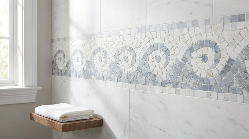 Oriental White (Asian Statuary) Oriental White Marble 3-7/8x12 Polished / Honed Tile Wave Border w/ Blue-Gray Dots